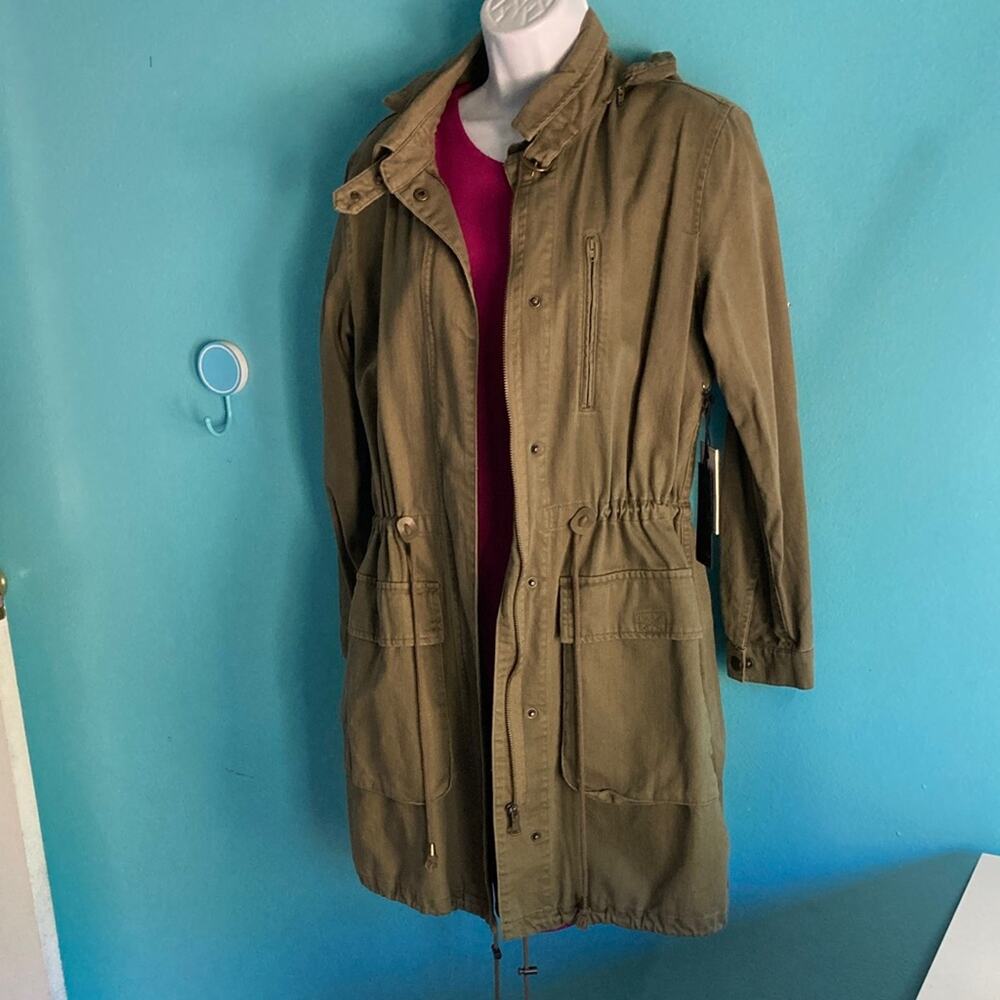 Forever 21 Womens Size S Olive Green Cotton Hooded Trench Jacket Zip Front Coat